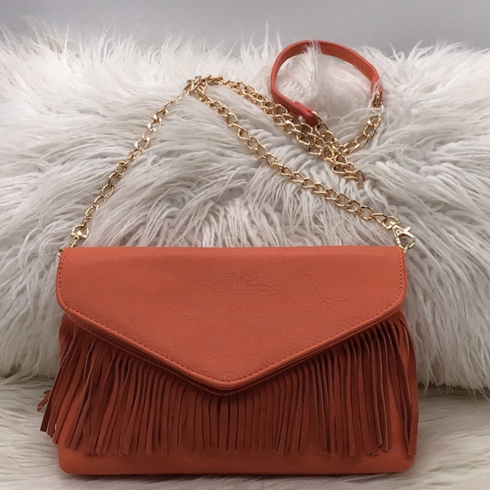 Moda Luxe Orange Leather Fringe Shoulder Bag